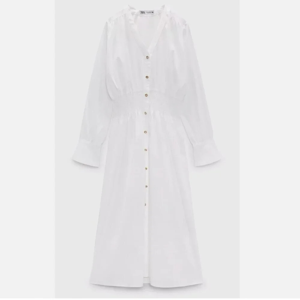 Zara Poplin Button Down Midi Dress White Size Small - Picture 2 of 9